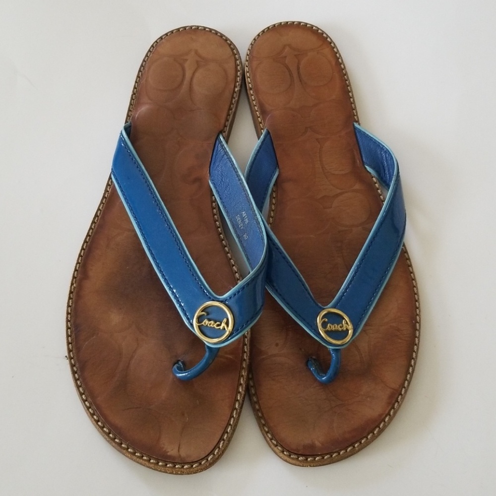 Coach leather/patent leather thong sandals